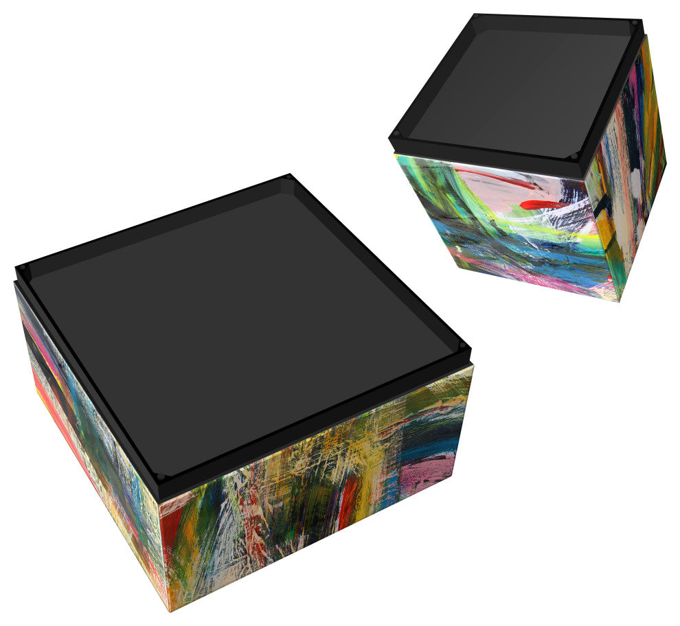 "Graffiti Rock Star"Printed Art Glass Side Table with Black Plinth Base Set of 2