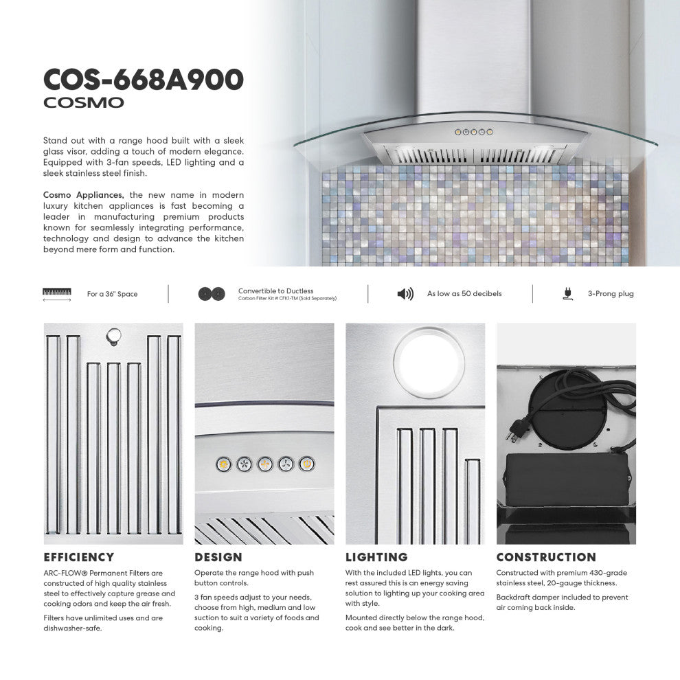 Cosmo 380 CFM Wall Mount Vent Range Hood With Permanent Filters & Glass Canopy, 36", Ducted