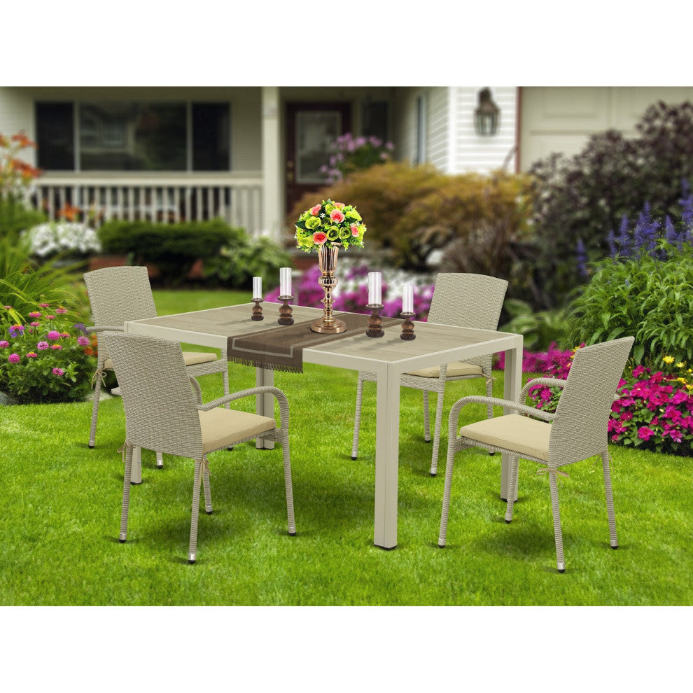 5Pc Outdoor- Natural Color Wicker Dining Set, Patio Table, 4 Armchair