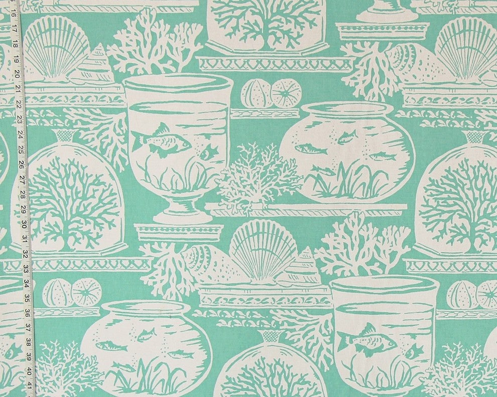 Aqua Beach Fabric Coral Fish Aquarium Seashell Sea Glass, Sample Cut