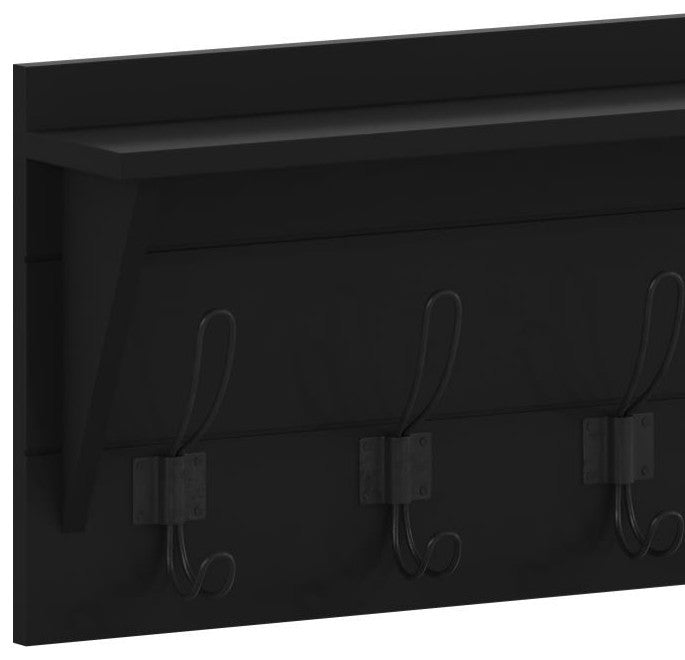 Daly Wall Mounted Solid Pine Wood Storage Rack With Upper Shelf and 5 Hooks, Black