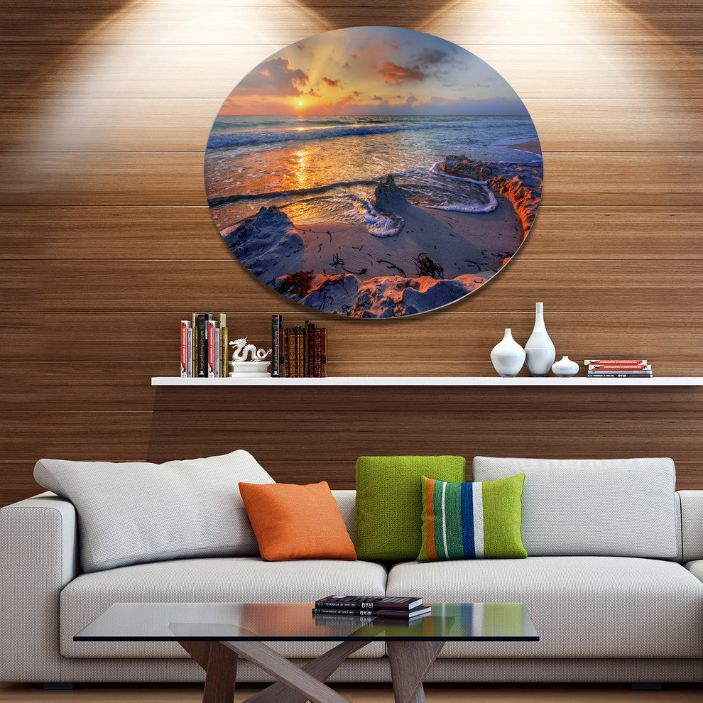 Beautiful Seashore With Yellow Sun, Seashore Art Round Wall Art, 23"