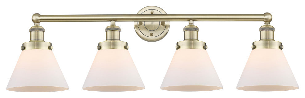 Large Cone 4-Light 35" Vanity Light, Antique Brass Finish, Matte White Shade