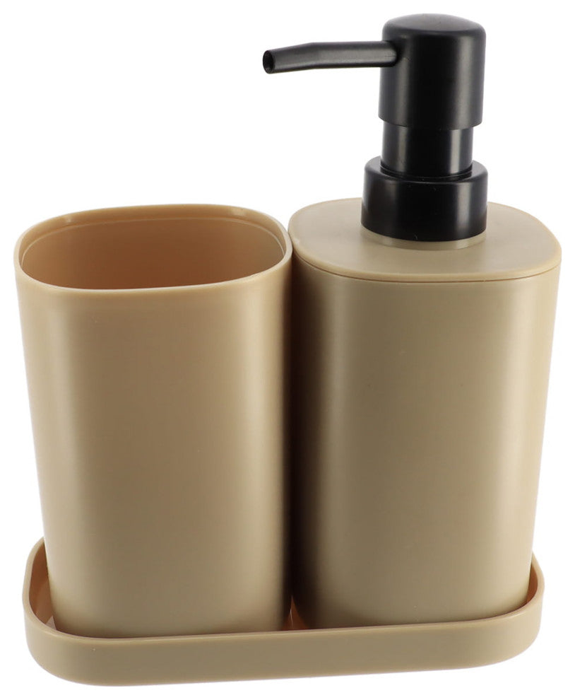 Bathroom Set Tumbler, Soap Dispenser, Soap Dish Set of 3 Accessories, Beige