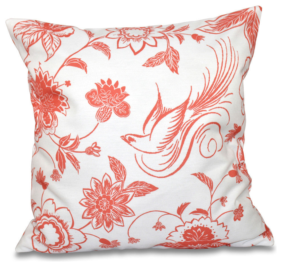 Traditional Bird Floral, Floral Print Pillow, Coral, 18"x18"