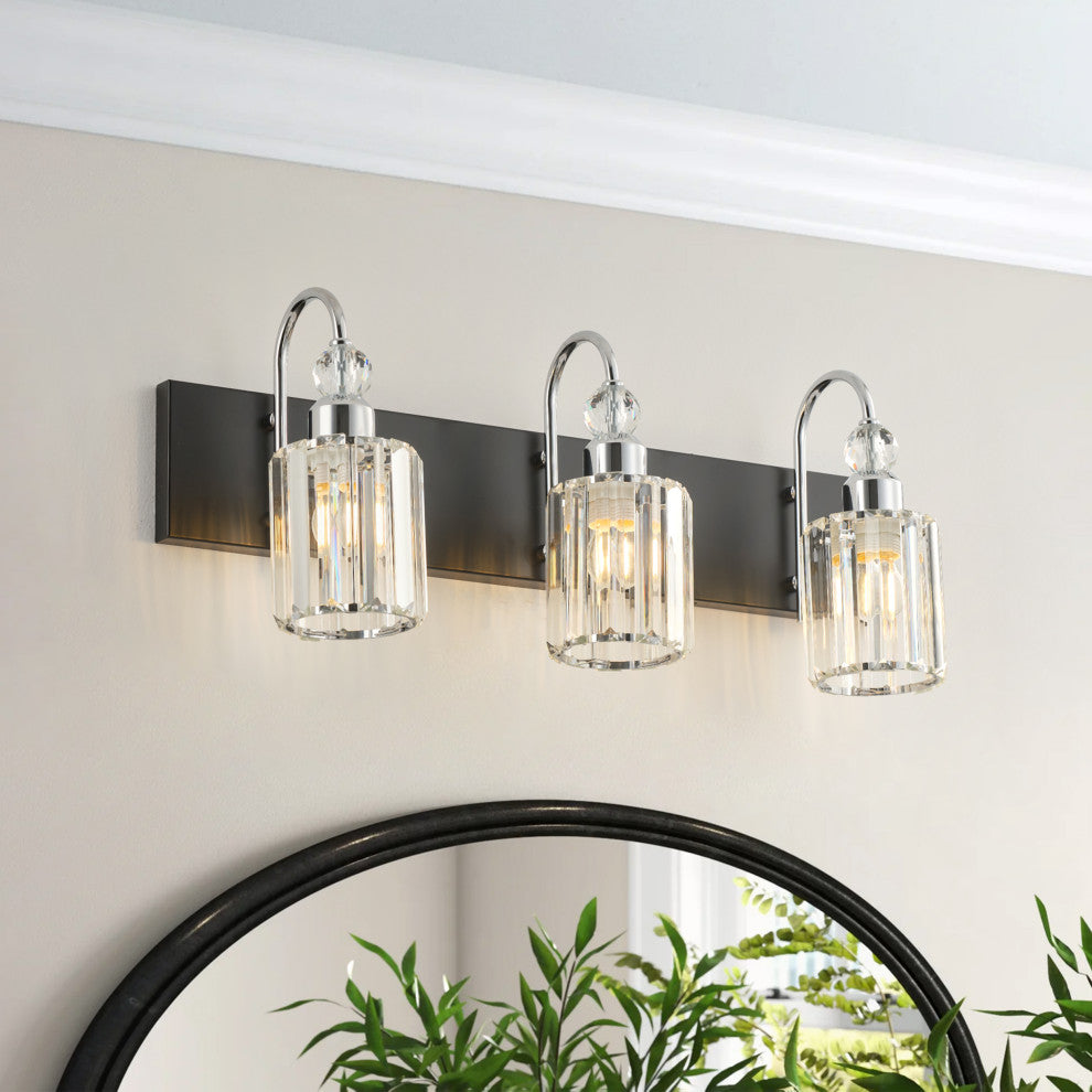 Modern Chrome 3-Light Bathroom Vanity Lighting with Cylinder Textured Glass