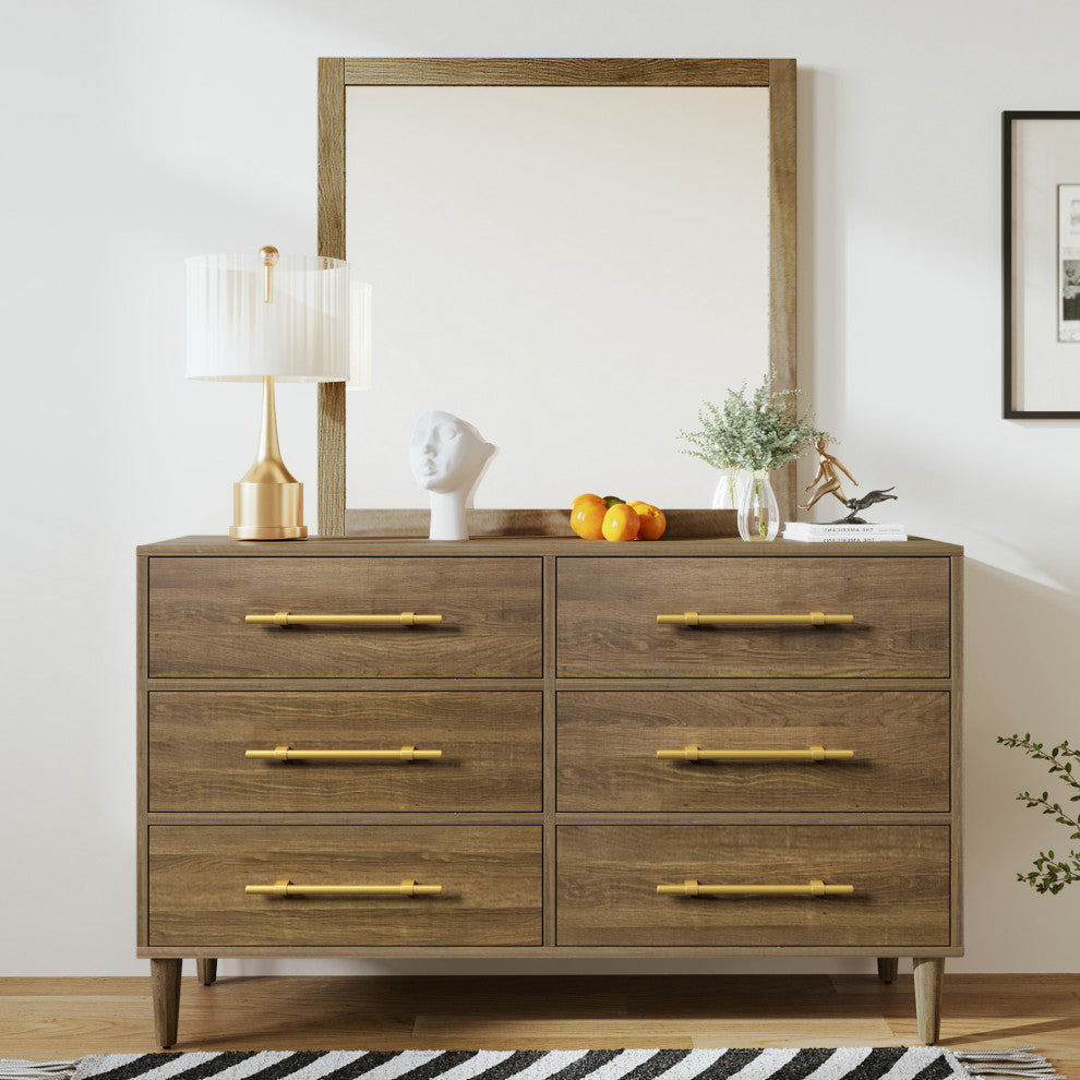 6 Drawers 56" W Wood Double Dresser, Natural Walnut