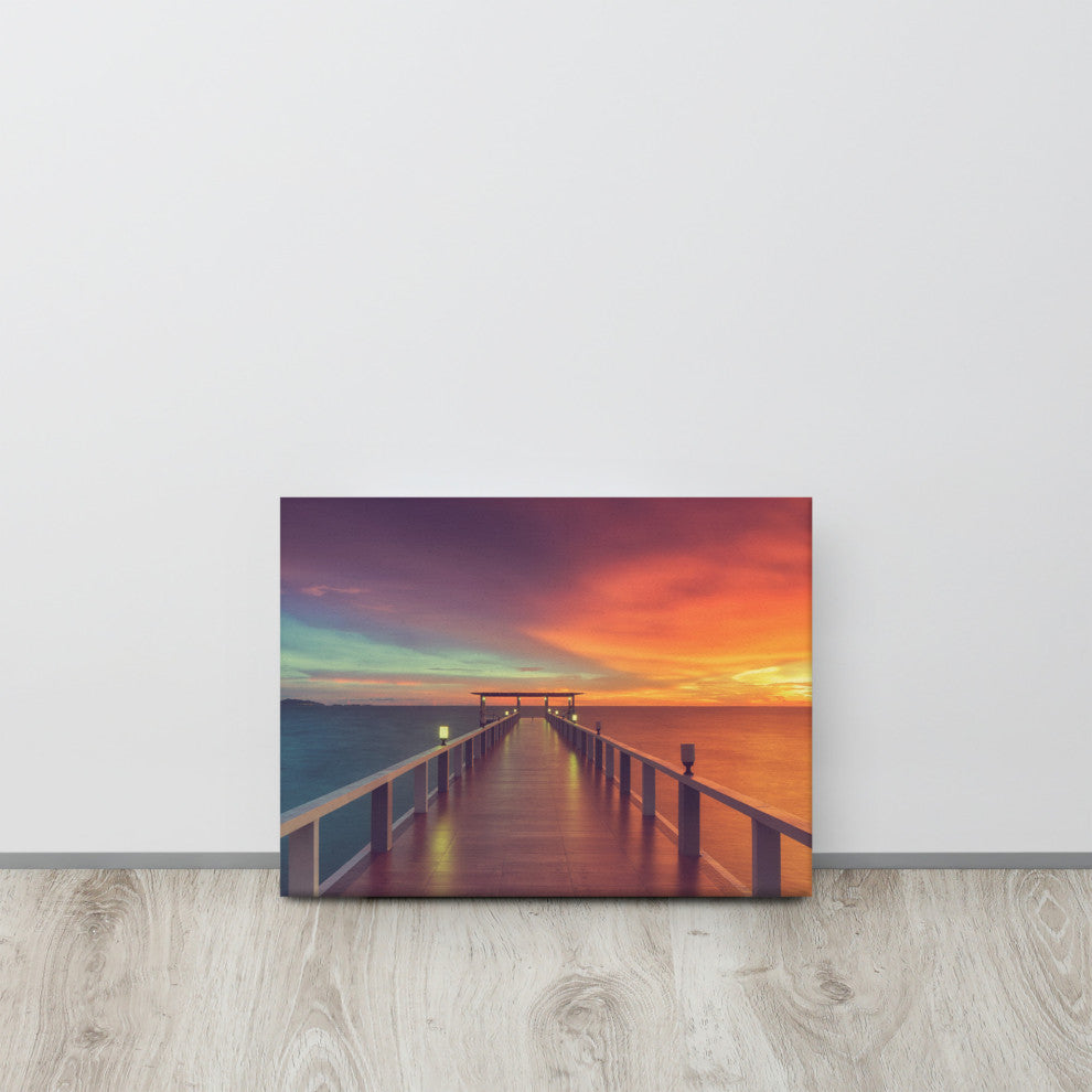 Surreal Wooden Pier At Sunset Intrigued Landscape Photo Canvas Art Print, 12" X 16"