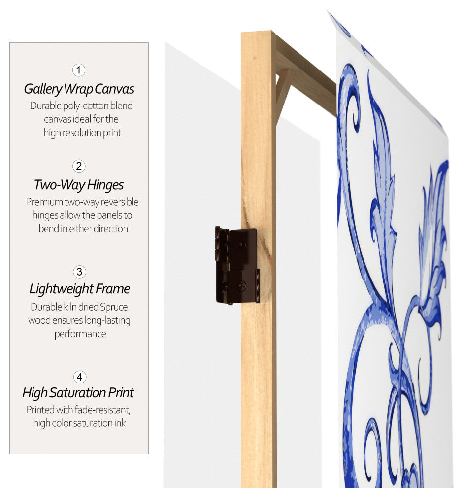 6' Tall Double Sided Blue Filigree Canvas Room Divider
