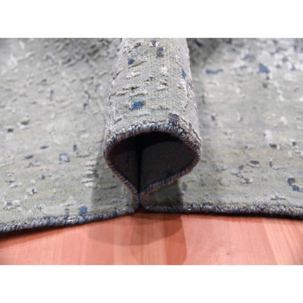 Denim Blue, Pure Silk and Wool, Modern Hand Knotted Oversized Rug, 12'0"x15'0"