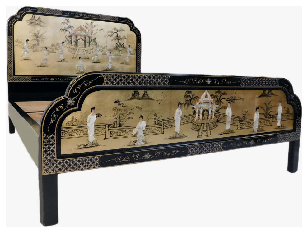 Oriental Gold Leaf Mother Of Pearl Palace Queen Bed In Chinese Black Lacquer