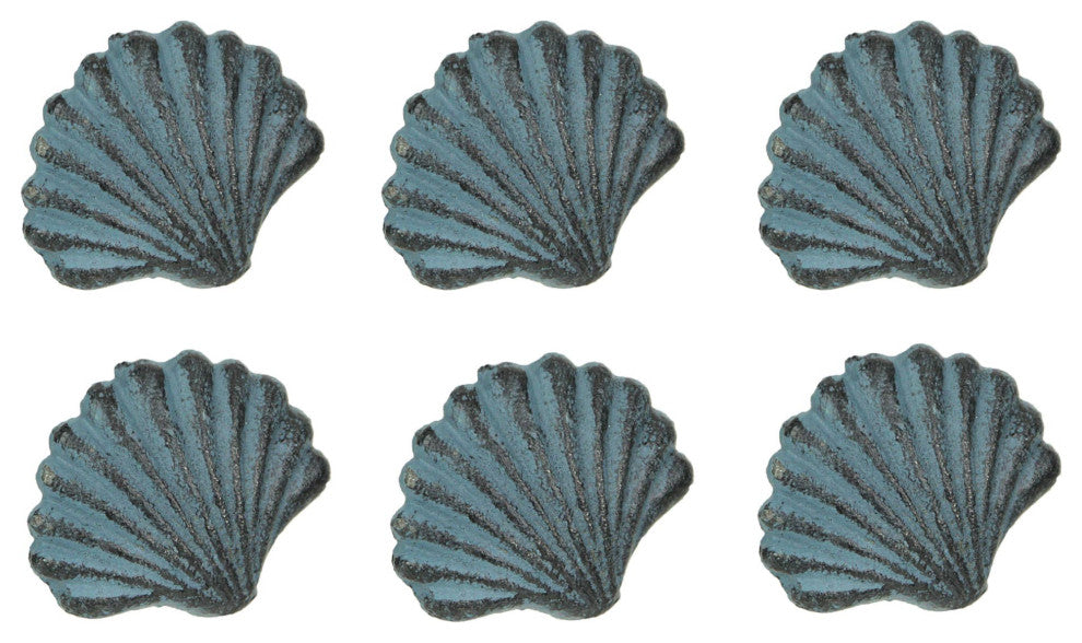 Set of 6 Blue Cast Iron Scallop Sea Shell Drawer Pulls Nautical Cabinet Knobs