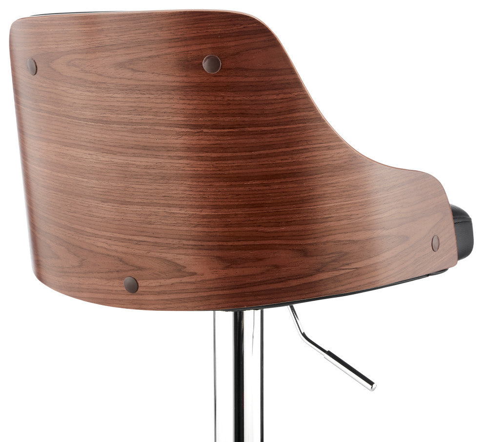 Asher Adjustable Faux Leather and Metal Bar Stool, Black and Chrome