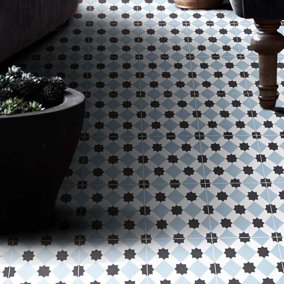 8"x8" Ait Baha Handmade Cement Tile, Black ,Blue, Set of 12