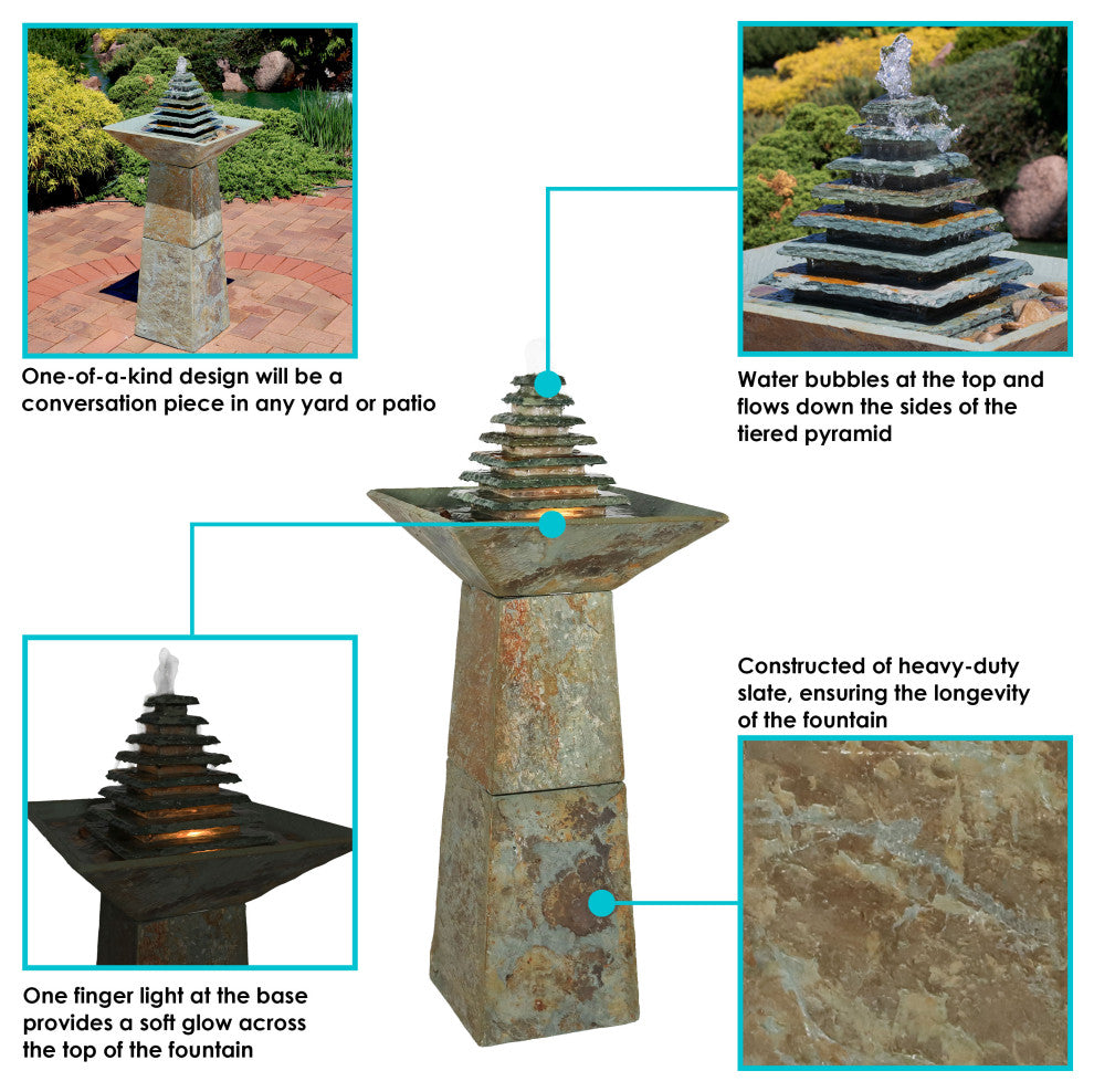 Sunnydaze Layered Slate Pyramid Outdoor Water Fountain With LED, 40"