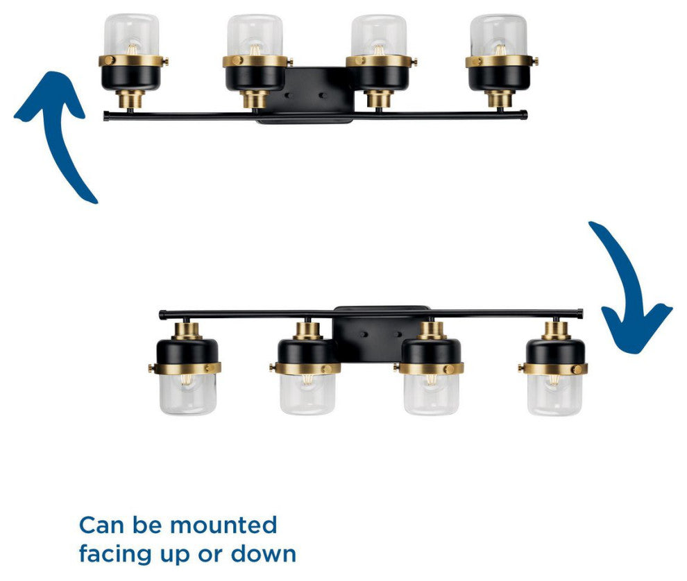 Beckner 4-Light Matte Black Clear Glass Bath Light With Vintage Brass Accents