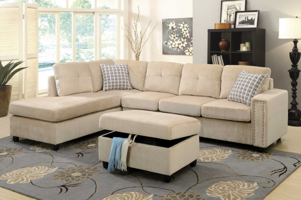78"x33"x36" Beige Velvet Reversible Sectional Sofa With Pillows