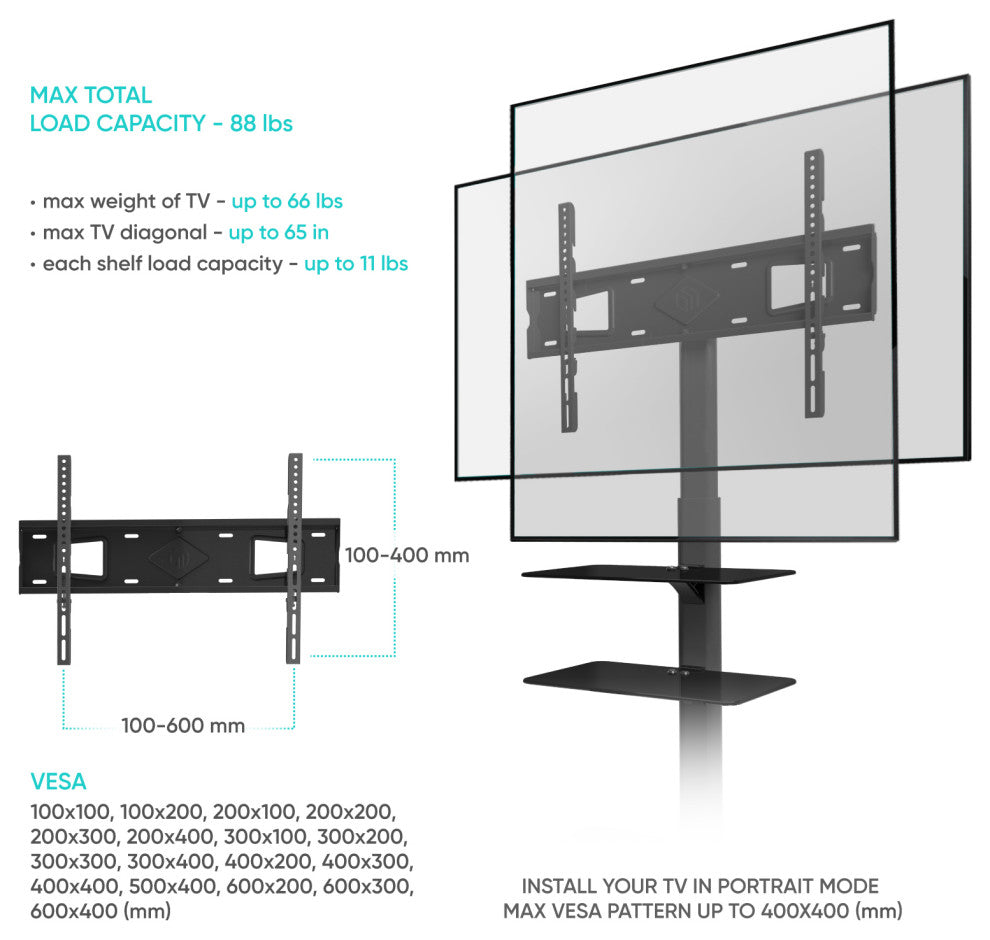 ONKRON Swivel Floor TV Stand for 32"-65" TVs up to 66 lbs Glass shelves and base
