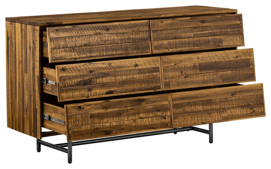 57" Brown and Black Solid Wood Six Drawer Double Dresser