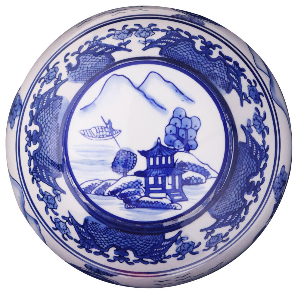 Chinese 9" Ginger Jar, Export Blue and White Porcelain Landscape