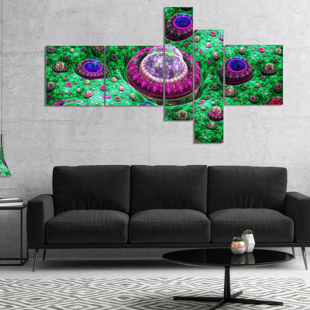Green Fractal Exotic Planet, Abstract Canvas Art Print, 60"x32", 5 panels
