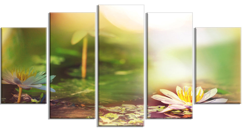 Lotus Flowers on Green Background, Large Flower Canvas Print, 60"x32", 5 Panels