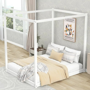 Pine Wood Canopy Bed, Low Profile Platform Bed with support Legs, Queen