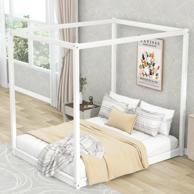 Pine Wood Canopy Bed, Low Profile Platform Bed with support Legs, Queen