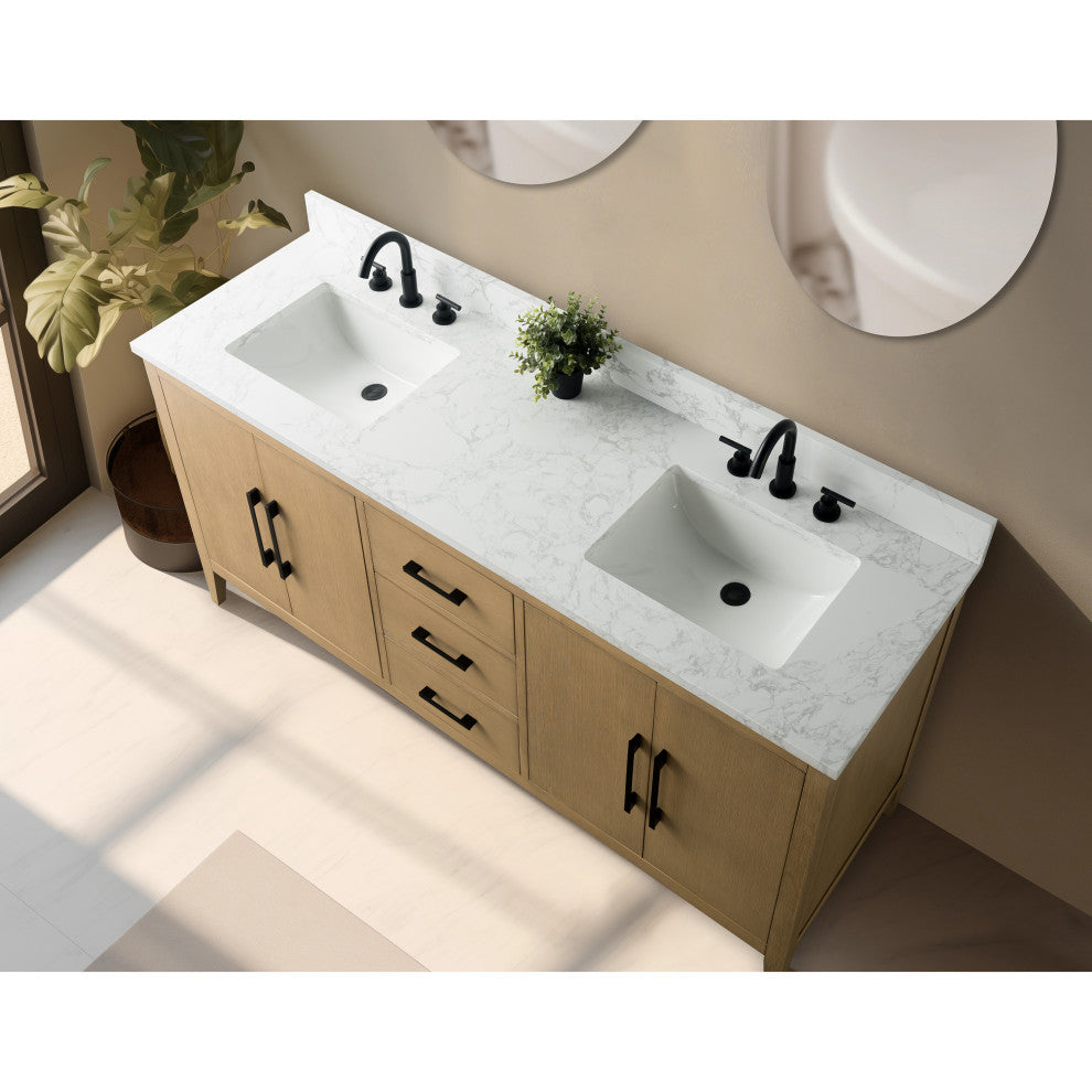 Vanity Art Bathroom Vanity With Sink, Natural Oak, 72", Double Sink, Matte Black