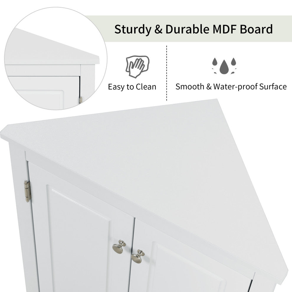 32" Wood 2-door Bathroom Corner Cabinet with Adjustable Shelves, White