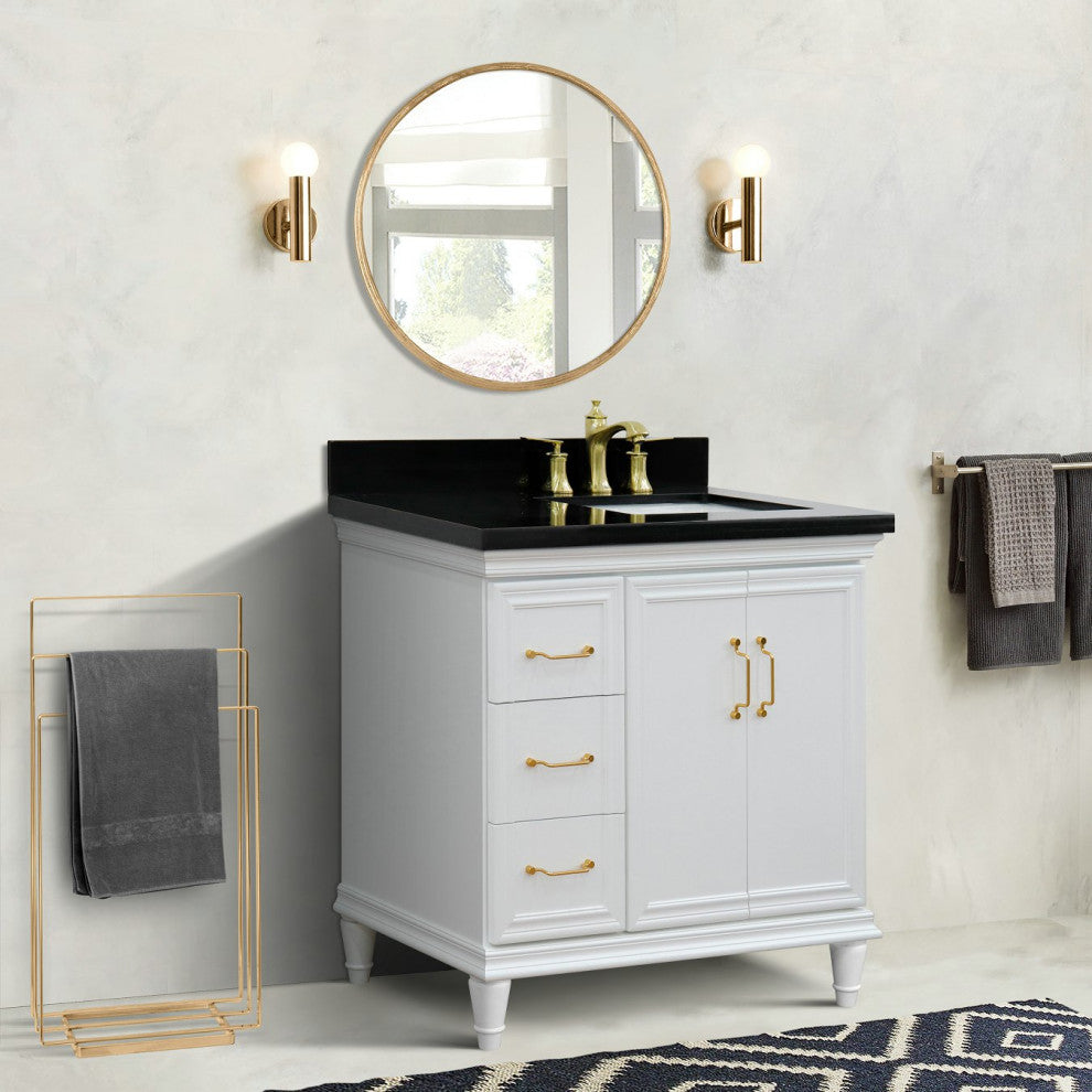 37" Single Vanity, White Finish With Black Galaxy