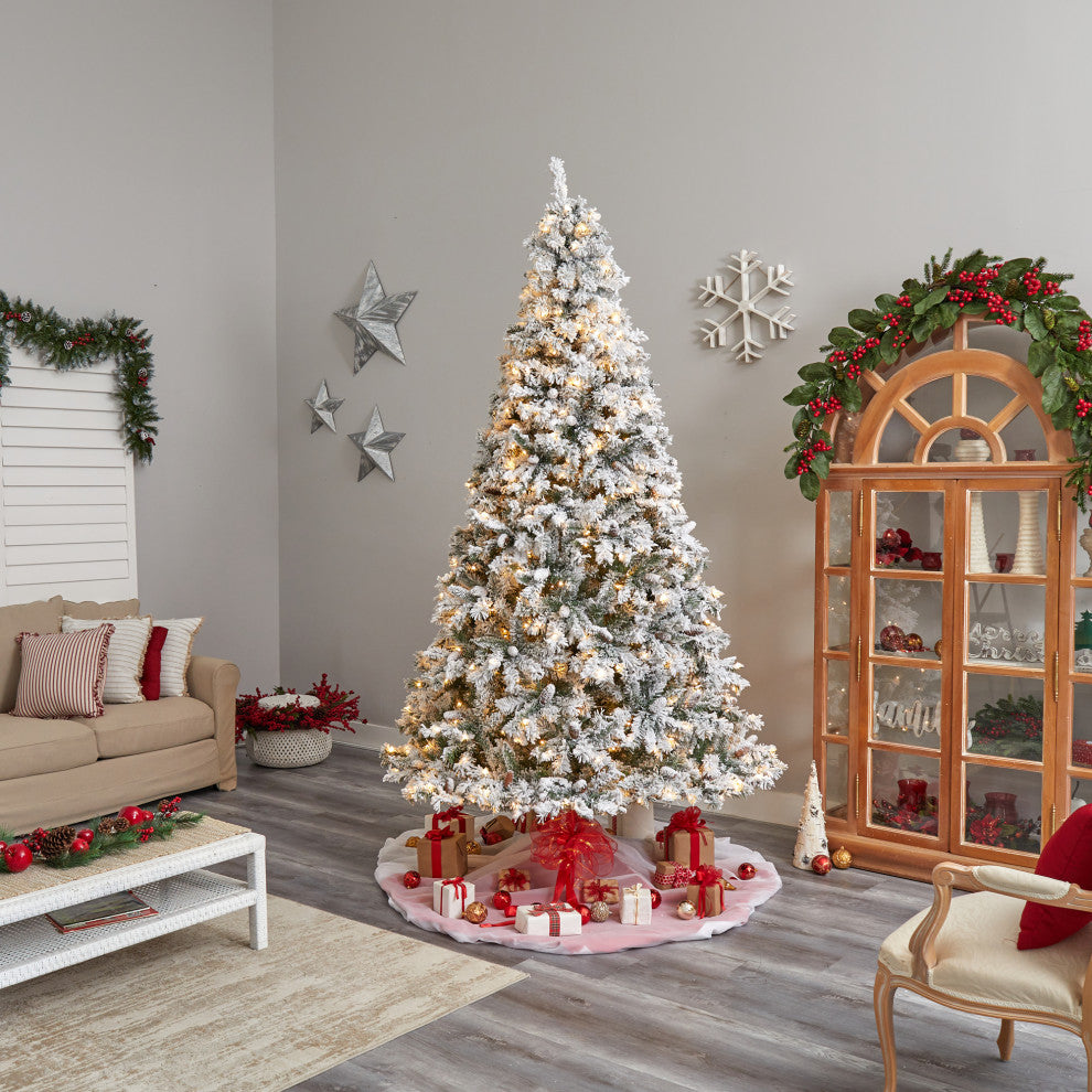 9' Flocked White River Mountain Pine Christmas Tree With Pinecones, 650 LEDs