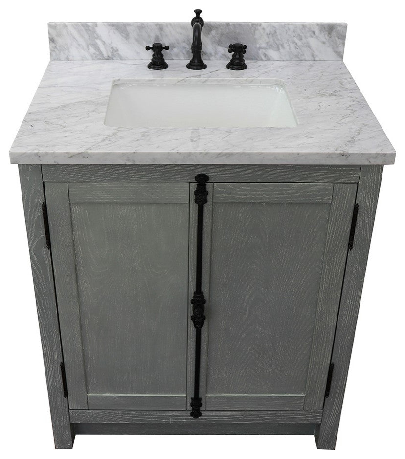 30" Single Vanity, Gray Ash, White Carrara Top, Rectangle Sink