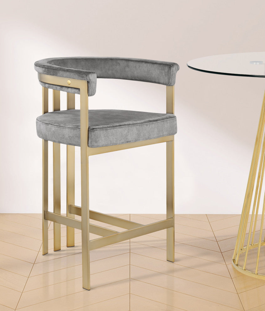 Marcello Upholstered Counter Stool, Gray, Velvet, Brushed Brass