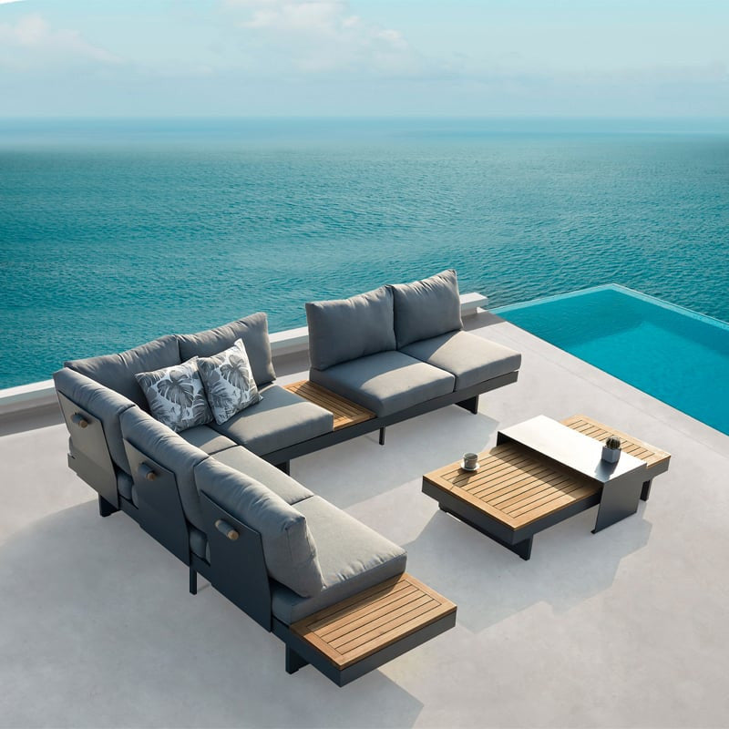 4 Pieces L Shape Outdoor Sectional Sofa Set with Wood Coffee Table in Gray