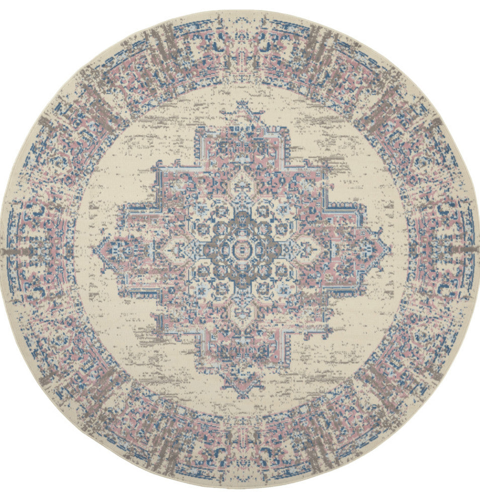 8' Pink Round Damask Power Loom Area Rug