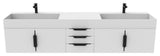 CastelloUSA Amazon 84" Wall Mounted Bathroom Vanity Set, White, White Top, Black Handles