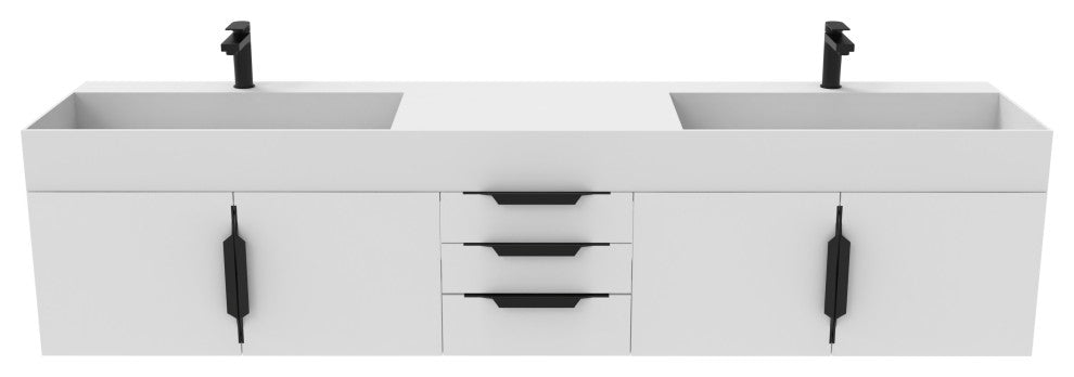 CastelloUSA Amazon 84" Wall Mounted Bathroom Vanity Set, White, White Top, Black Handles
