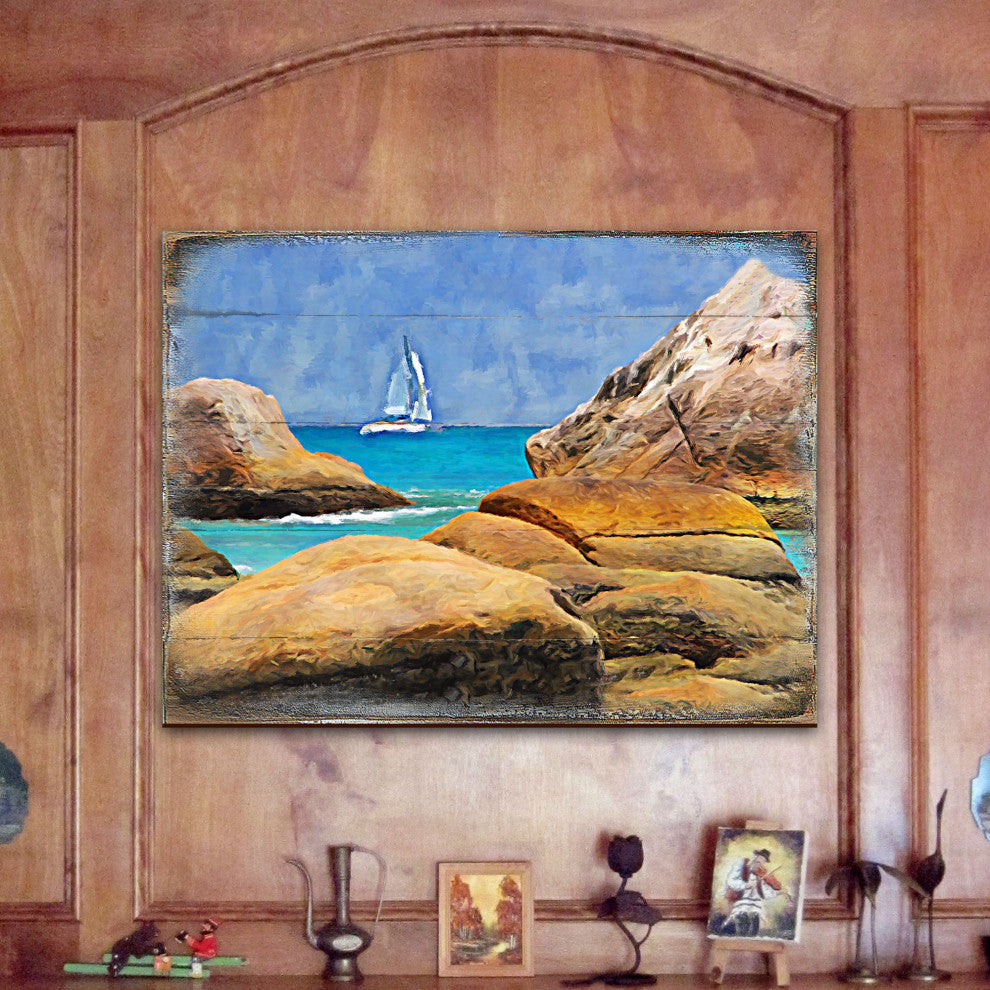 Sailboat on The Rocky Shore Wooden Block, 48 X 36