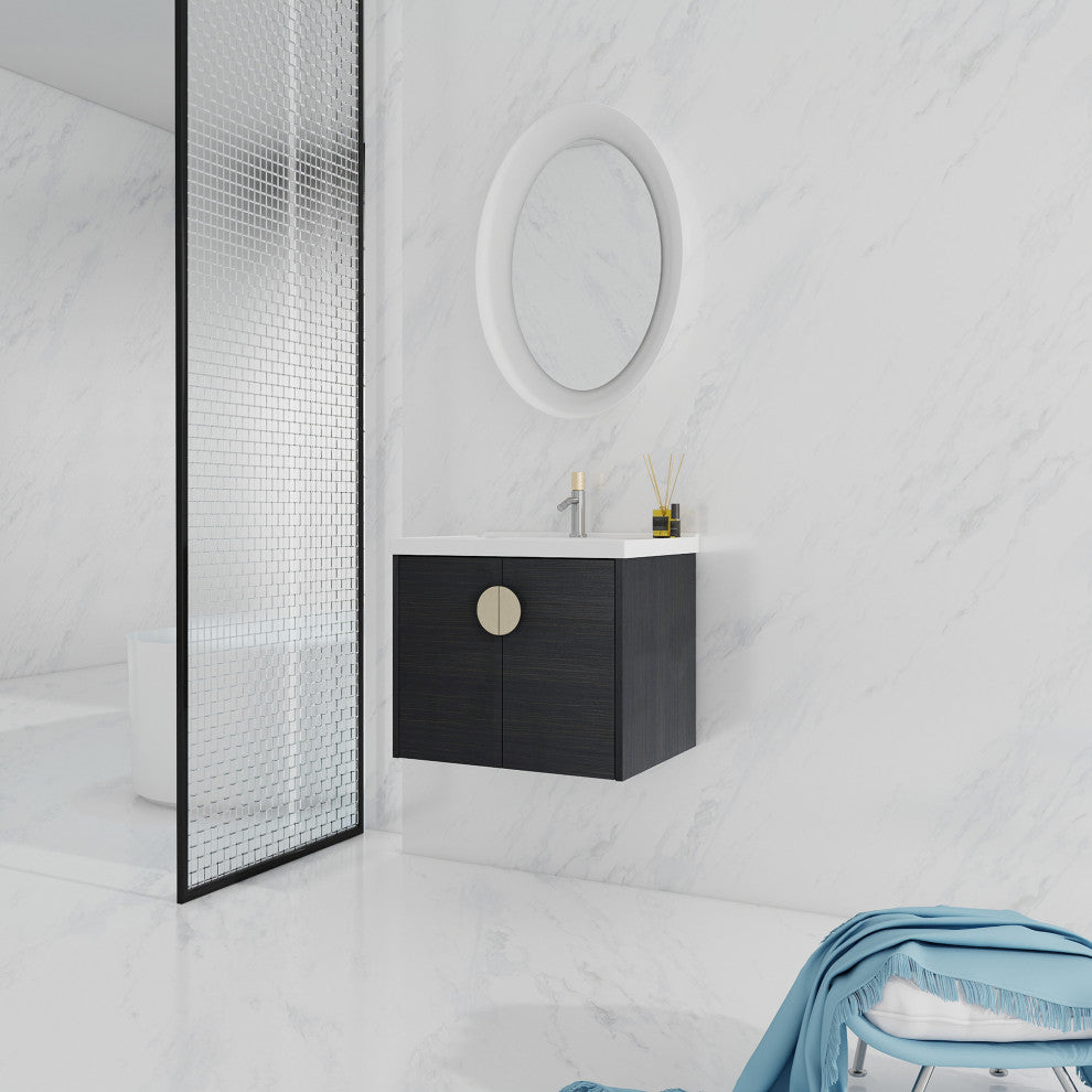 24" Plywood Wall Mounted Bath Vanity Set, Black, Ceramic Basin