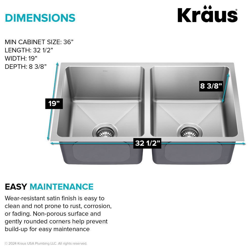 KRAUS Fairlane 33" Undermount 2-Bowl 18 Gauge Stainless Steel Kitchen Sink
