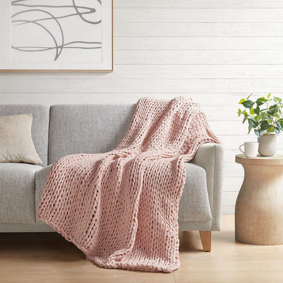 Madison Park Chunky Double Knit Handmade Throw Blanket, Blush, Blush