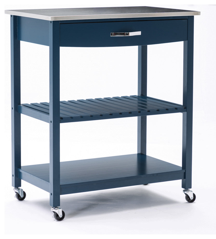 Holland kitchen cart with stainless steel top, navy blue