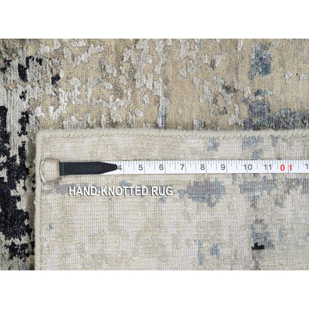 Gray, Modern Abstract Design Wool and Silk, Hand Knotted Mat Rug, 2'0" x 2'10"