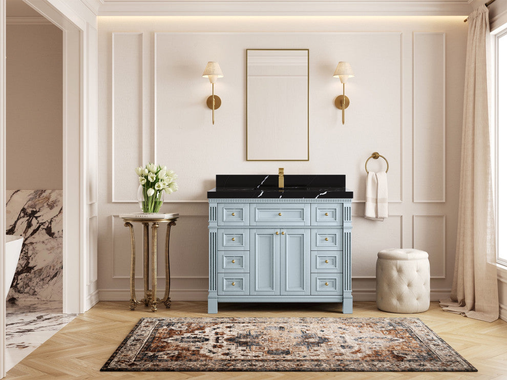 Paris 42" Single Sink Bathroom Vanity, Blue Heather 2" Calacatta Black