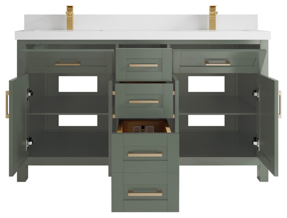 Cambridge 60" Double Bathroom Vanity in Evergreen 2" White Quartz