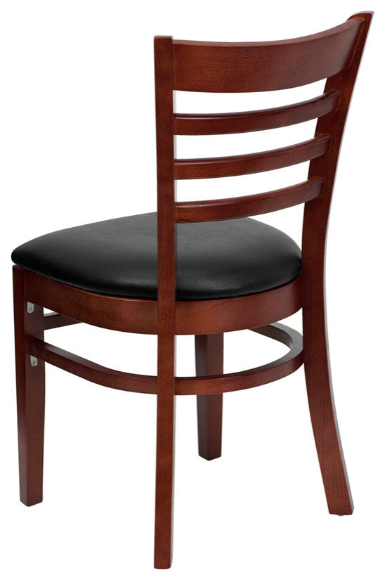 Ladder Back Mahogany Wood Restaurant Chair, Black Vinyl Seat