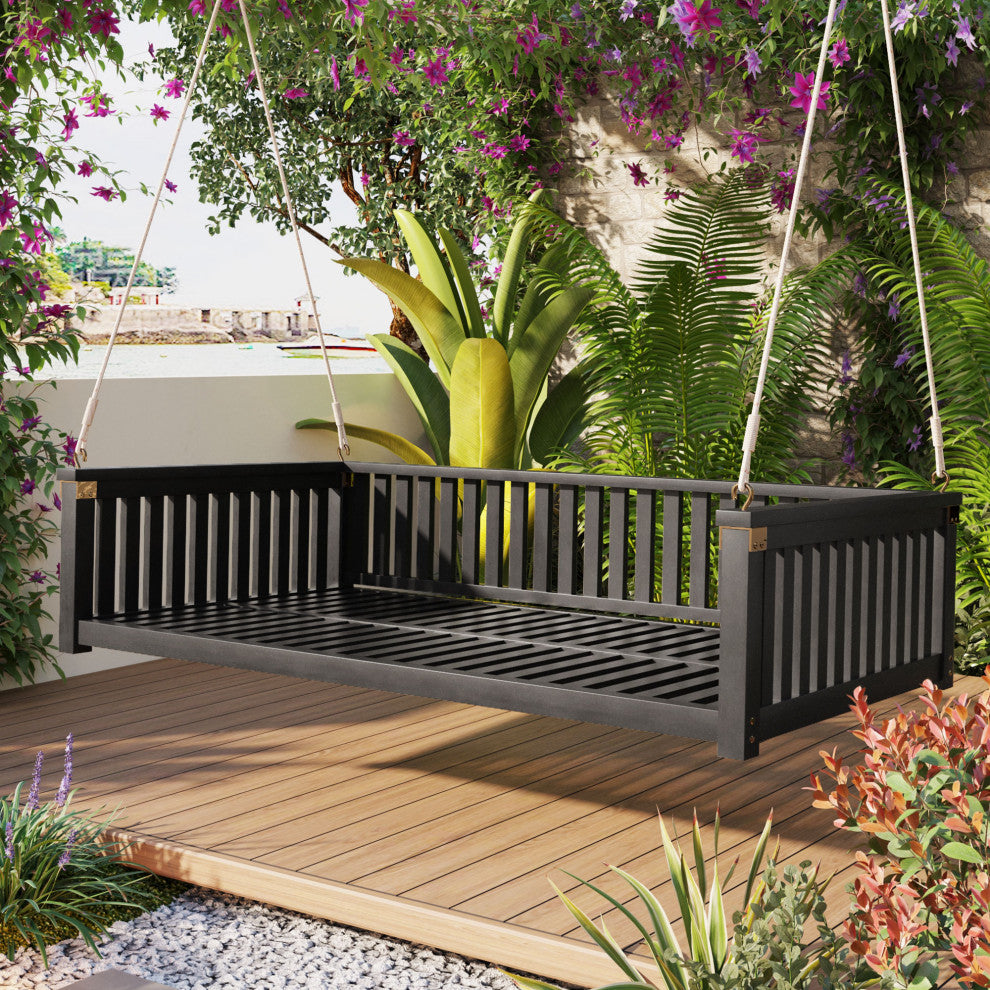 GDF Studio Acacia Wood Twin Size Garden Porch Swing Bed, Black