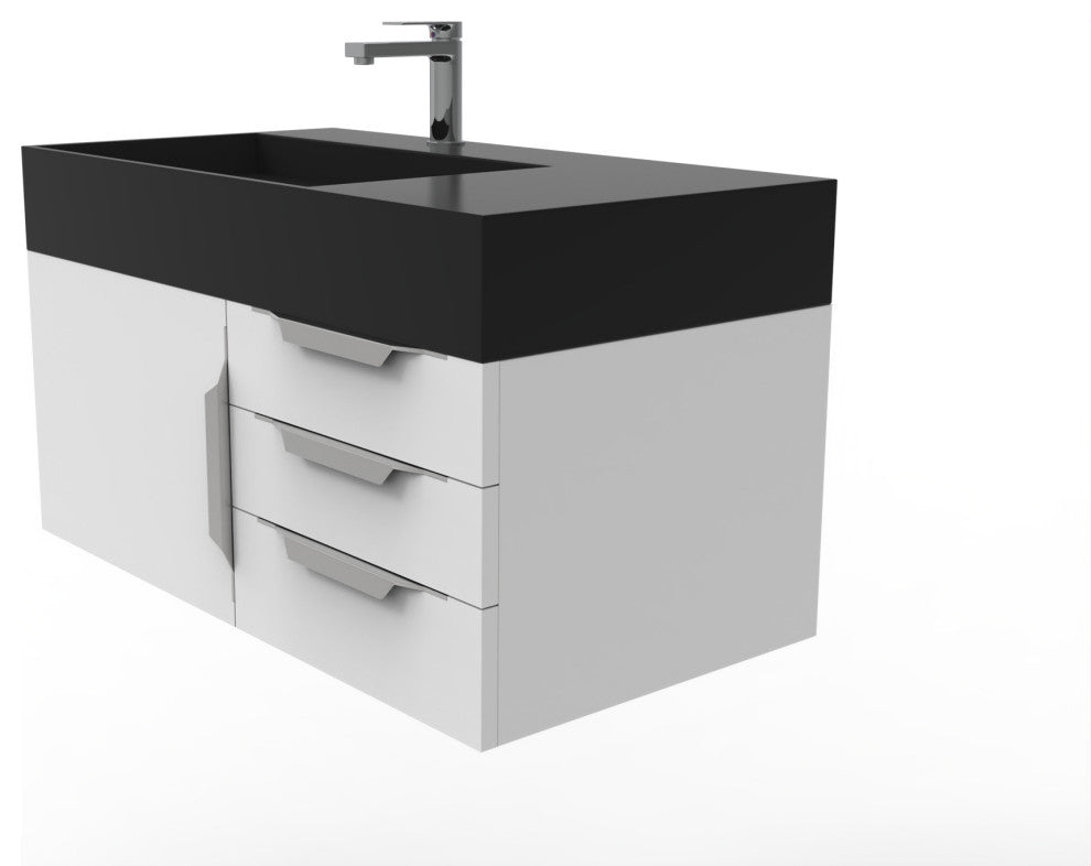 CastelloUSA Amazon 36" Wall Mount Vanity Set, White, Black Top, Chrome Handles