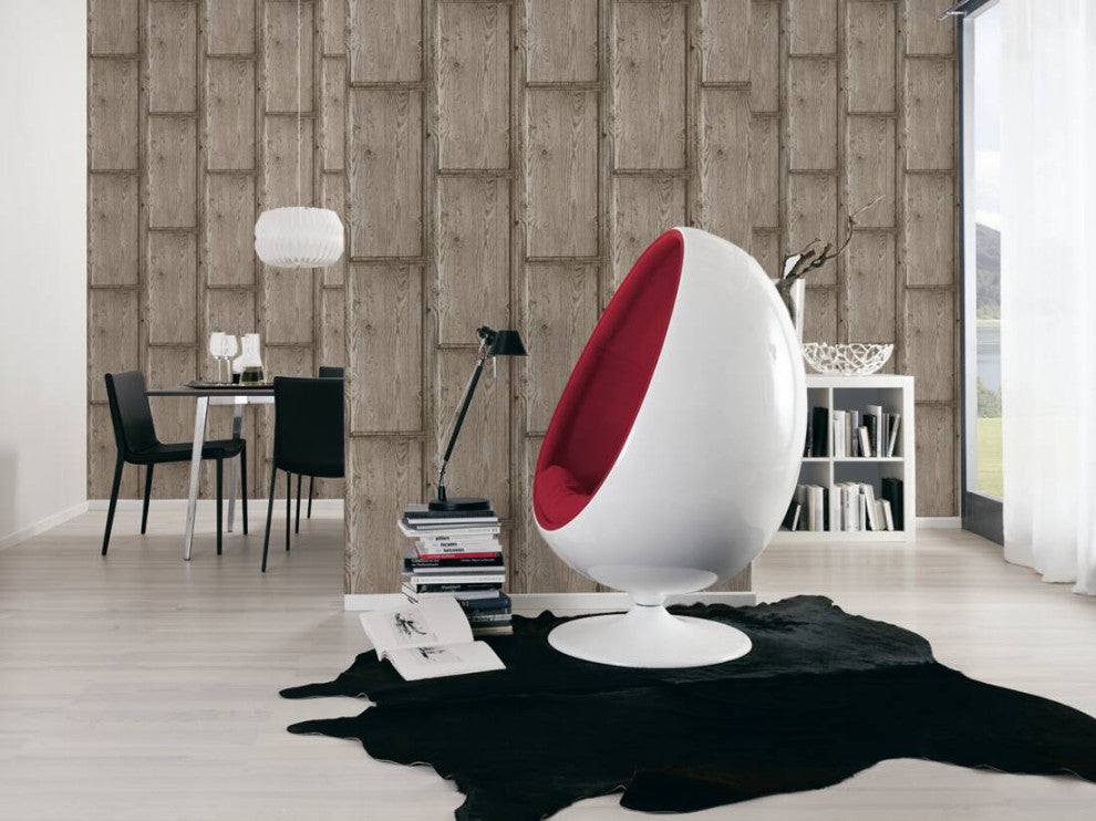 Loft Textured Wallpaper Featuring Rustic Wood, Brown Gray, One Roll